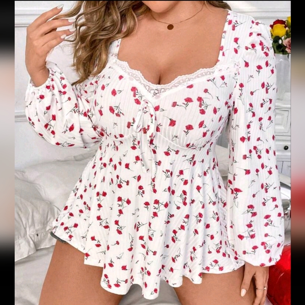 Plus Size Floral Lace Sweetheart Long Sleeve Top Blouse Shirt White Red